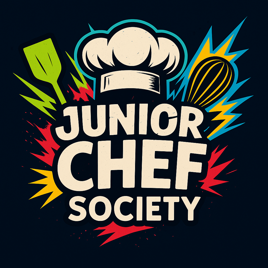 Junior Chef Society Logo — chef hat with spatula, whisk, and colorful lightning bolt accents on navy background